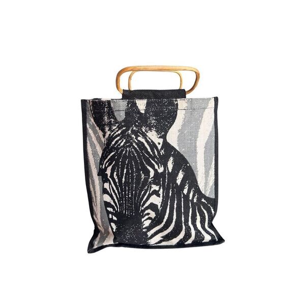 Retro Exotic Zebra Black, Gray & White Wooden Handles Women’s Tote Shoulder Bag - Picture 1 of 9